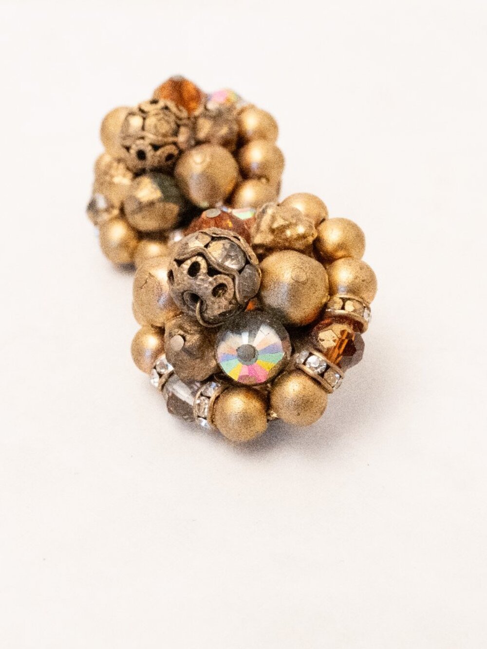 Gold Brass Stacked Bead Clip On Earrings, 1960s